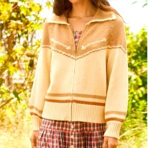 The GREAT. The Ranch Cardigan in Cream With Camel NWT Zip oversized xs